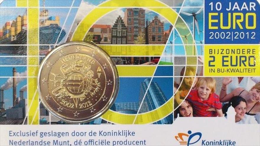 Tarjeta de moneda de 2 € conmemorativa del 10º aniversario del Euro en Holanda en 2012.