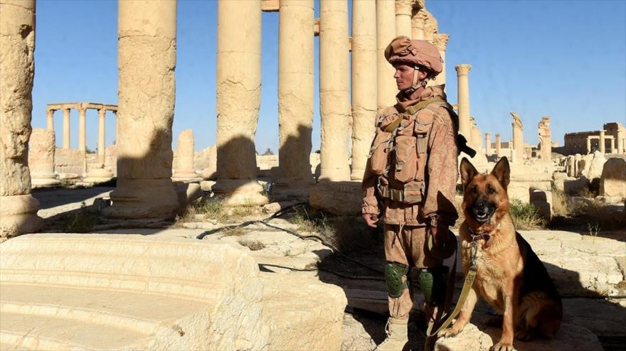 Un soldado ruso vigila los restos arqueológicos de la ciudad histórica de Palmira, 8 de abril de 2016.