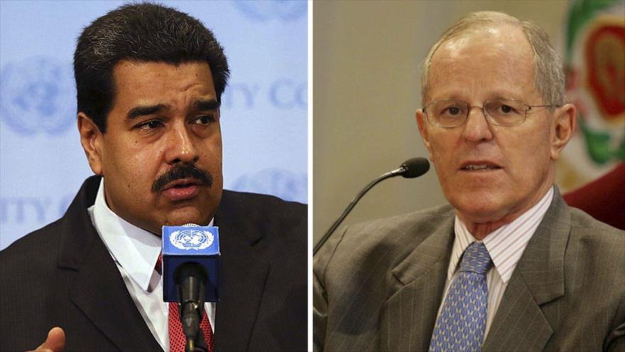 El presidente de Venezuela, Nicolás Maduro, y su homólogo de Perú, Pedro Pablo Kuczynski (drcha.).