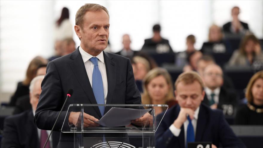 El presidente del Consejo Europeo, Donald Tusk, interviene en un debate en el pleno del Parlamento Europeo en la ciudad francesa de Estrasburgo, 15 de marzo de 2017.