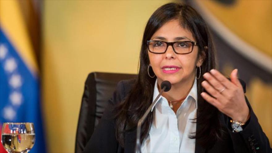 La canciller de Venezuela, Delcy Rodríguez, durante una rueda de prensa en Caracas, capital venezolana.