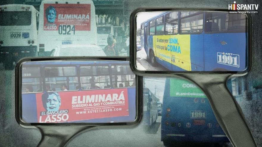 Propaganda electoral en los autobuses con mensajes perniciosos para los candidatos a la Presidencia de Ecuador.