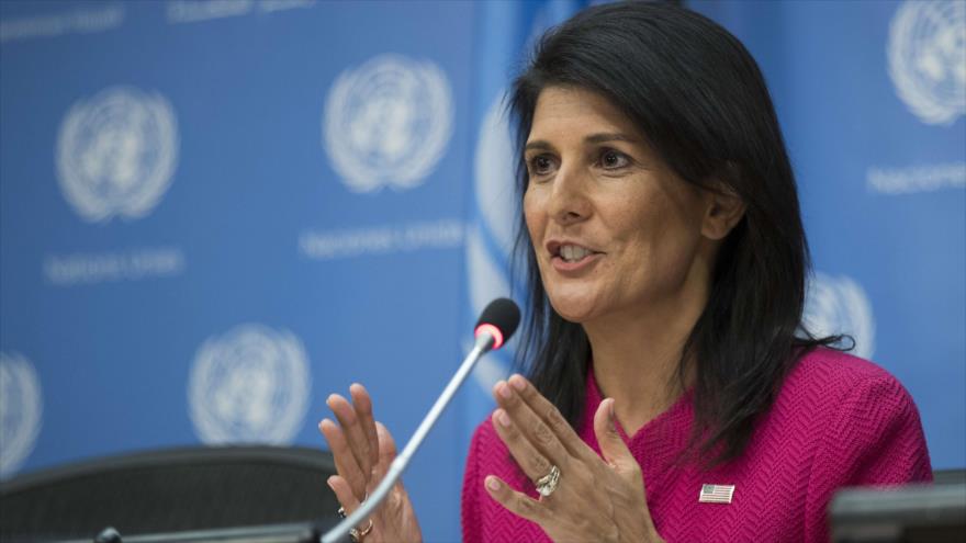 La embajadora de EE.UU. ante la Organización de las Naciones Unidas (ONU), Nikki Haley, habla en una conferencia de prensa, 3 de abril de 2017.