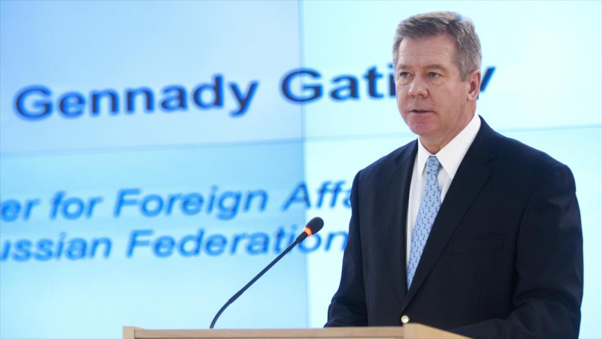 El vicecanciller ruso, Gennady Gatilov, ofrece un discurso sobre los derechos humanos en Naciones Unidas.