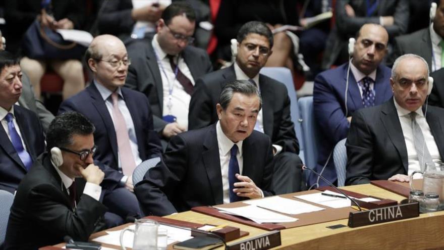 El canciller chino, Wang Yi, en la reunión del Consejo de Seguridad de las Naciones Unidas (CSNU) en Nueva York (EE.UU.), 28 de abril de 2017.