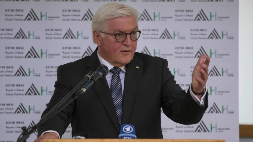 El presidente de Alemania, Frank Walter Steinmeier, ofrece un discurso en la institución Givat Haviva para el diálogo entre judíos y árabes, 8 de mayo de 2017.