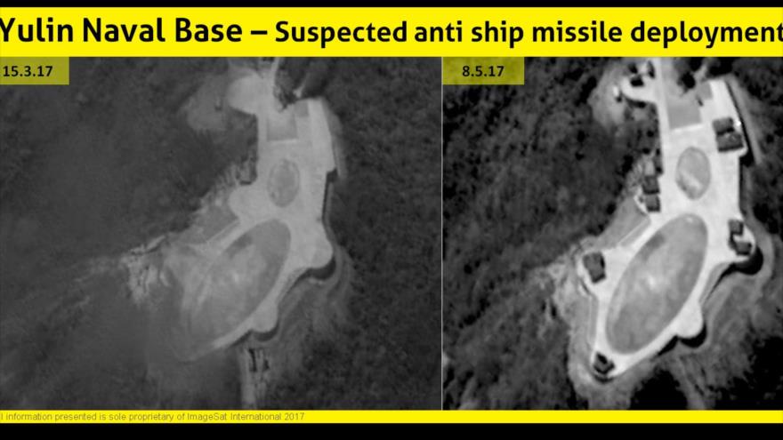 Estas fotos de satÃ©lite tomadas por ImageSat International indican que el EjÃ©rcito chino ha instalado nuevos sistemas de misiles antibuque en la base naval de Yulinen, en el mar Meridional de China, 8 de mayo de 2017.