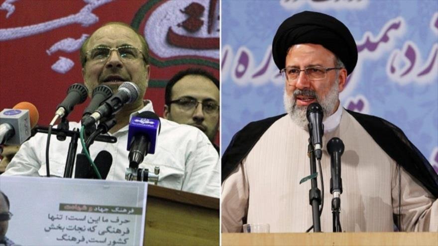 Mohamad Baqer Qalibaf (izqda.) se retira de la carrera presidencial a favor de Ebrahim Raisi.