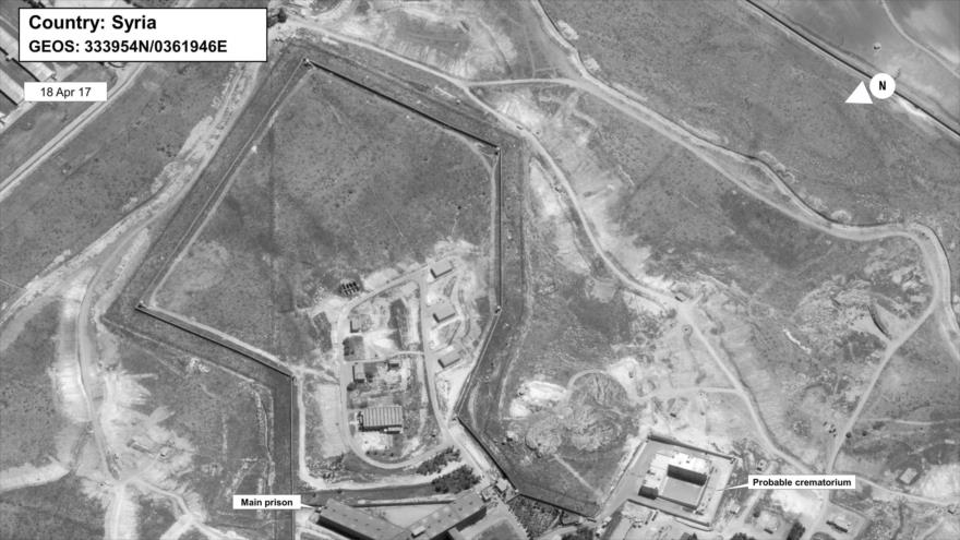 Imagen de satélite, cedida por DigitalGlobe y publicada el 15 de mayo de 2017 por el Departamento de Estado de EE.UU., muestra la prisión siria de Sednaya.