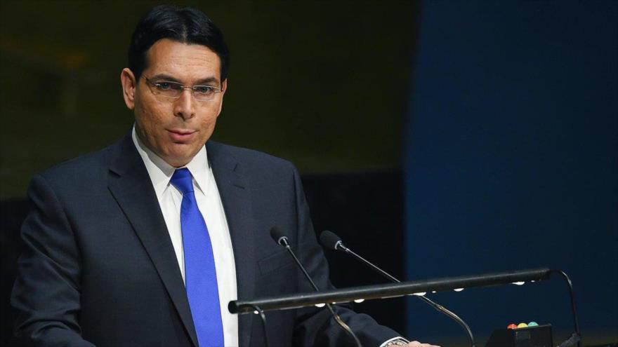 El embajador del régimen israelí ante las Naciones Unidas, Danny Danon, ofrece un discurso en la ONU.