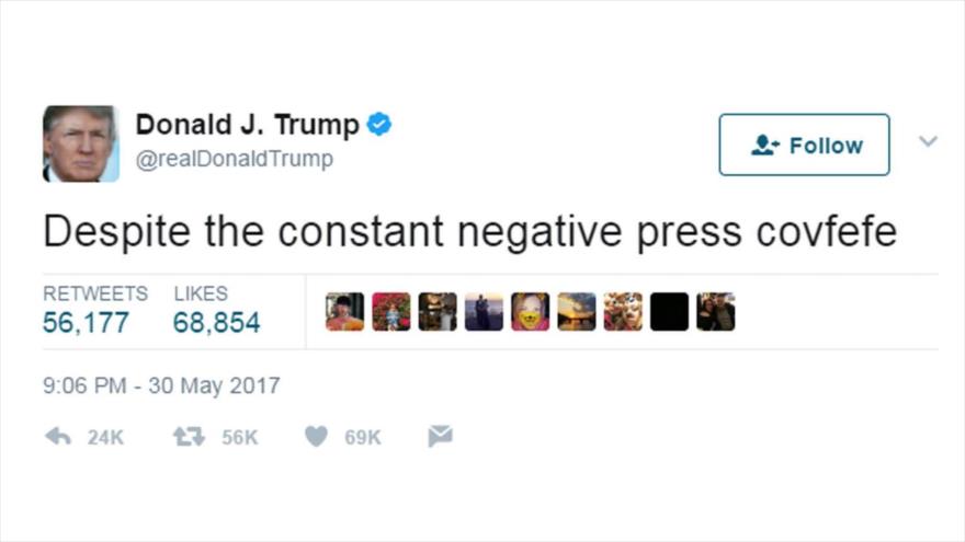 Tuit del presidente de EE.UU., Donald Trump, usando ‘covfefe’.