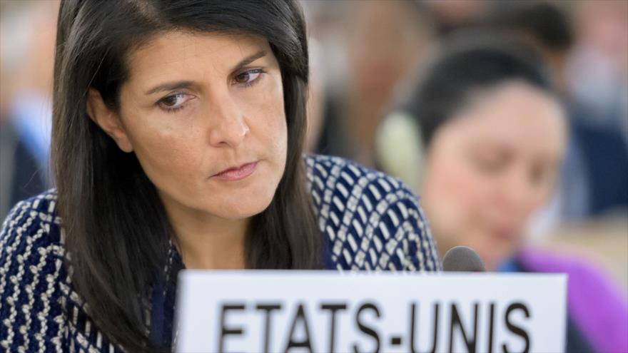 La embajadora de EE.UU. ante la ONU, Nikki Haley, en su intervención en una sesión del CDHNU en Ginebra, 6 de junio de 2017.