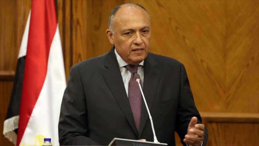 El ministro de Asuntos Exteriores de Egipto, Sameh Shukri, en una conferencia de prensa, 14 de mayo de 2017.