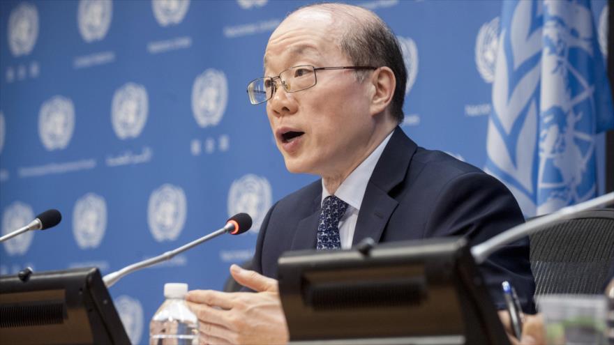 El representante chino ante la ONU, Liu Jieyi, habla en una rueda de prensa en la sede del organismo internacional en Nueva York, 3 de julio de 2017.