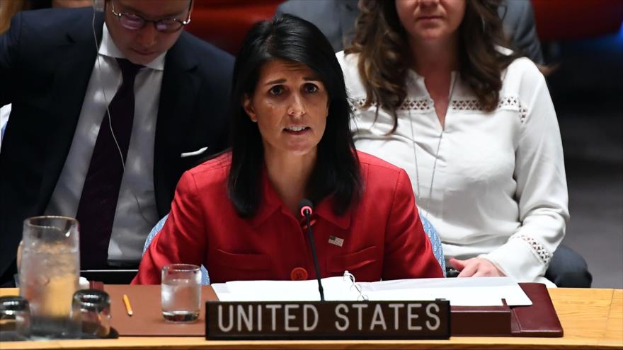 La embajadora de EE.UU. ante la Organización de las Naciones Unidas (ONU), Nikki Haley, en la reunión del Consejo de Seguridad en Nueva York, 5 de julio de 2017.