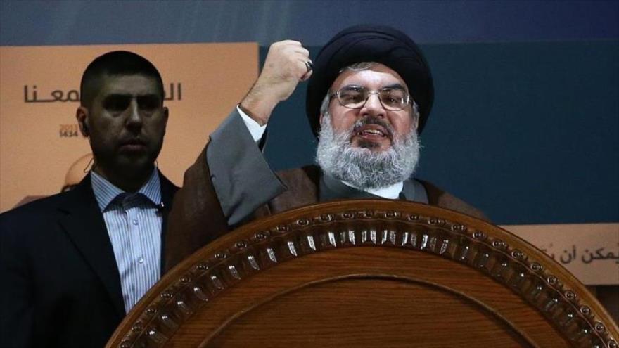 El secretario general de Hezbolá, Seyed Hasan Nasrolá, ofrece un discurso al público en Beirut (capital de El Líbano).