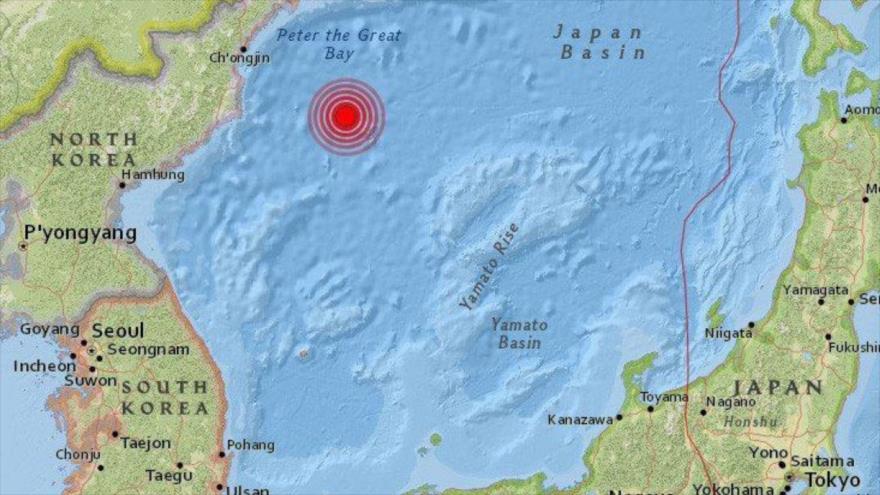 El lugar exacto del registro del terremoto en el mar de Japón, frente a las costas norcoreanas.