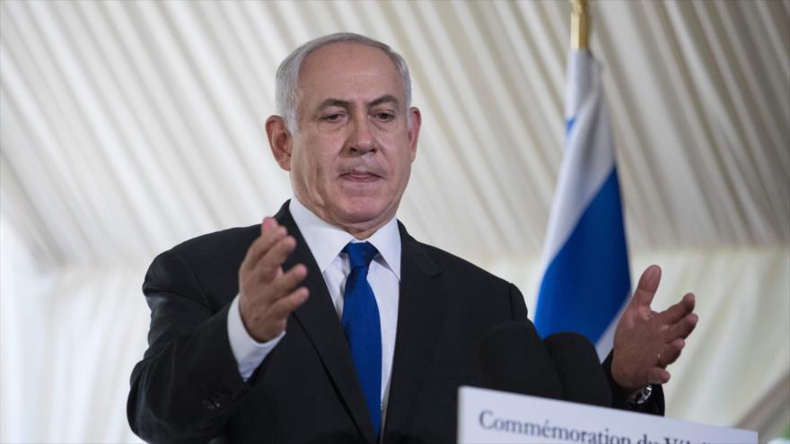 El primer ministro del régimen de Israel, Benyamin Netanyahu, pronuncia un discurso en París (capital de Francia), 16 de julio de 2017.
