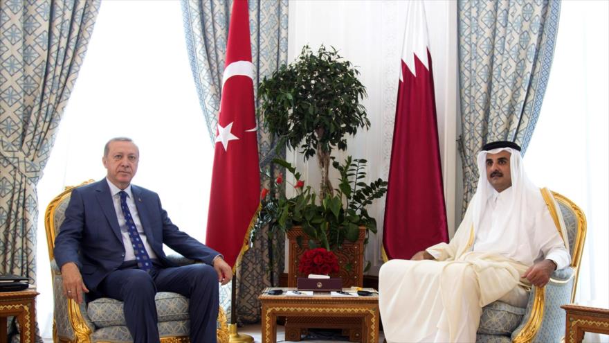 El presidente turco, Recep Tayyip Erdogan, se reúne con el emir catarí, Tamim bin Hamad Al Thani, en Doha, 24 de junio de 2017