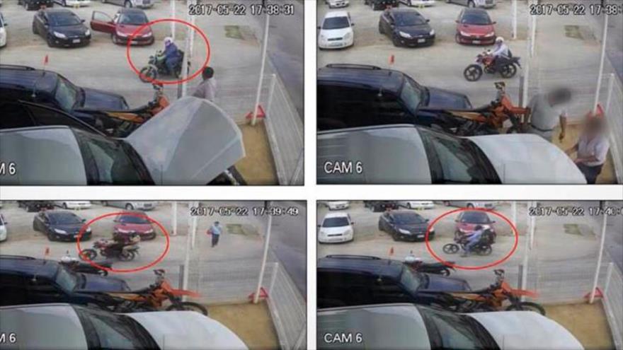 El escenario del crimen captado por cámaras de vigilancia en el mercado de autos Aladino, ubicado sobre el Periférico de Villahermosa, en Tabasco.