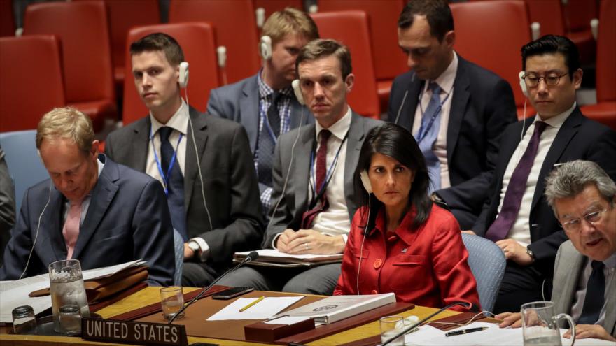 La embajadora de EE.UU. ante la ONU, Nikki Haley, durante una reunión de emergencia del Consejo de Seguridad, 5 de julio de 2017.