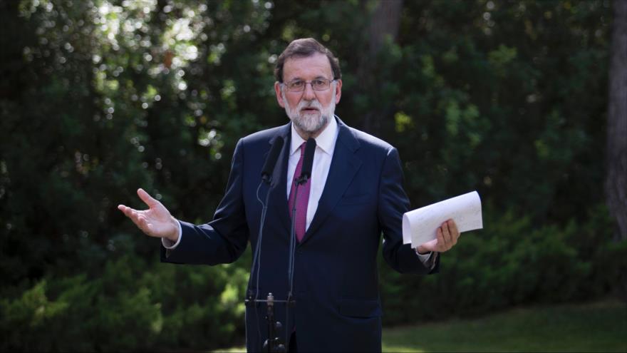 El presidente del Gobierno de España, Mariano Rajoy, durante una conferencia de prensa, 7 de agosto de 2017.
