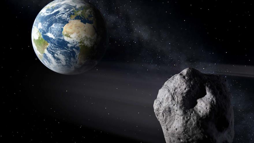Representación gráfica del acercamiento de un asteroide a la Tierra.