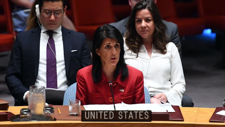 La embajadora estadounidense ante la ONU, Nikki Haley, habla en una sesión del Consejo de Seguridad, 5 de julio de 2017.