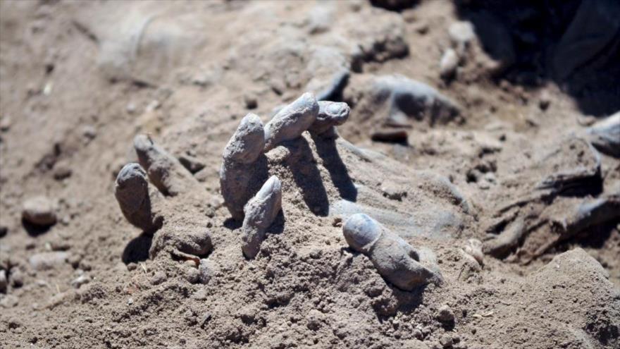 Restos humanos hallados en una fosa común con 1700 soldados ejecutados por el grupo terrorista Daesh en Tikrit, 6 de abril de 2015.
