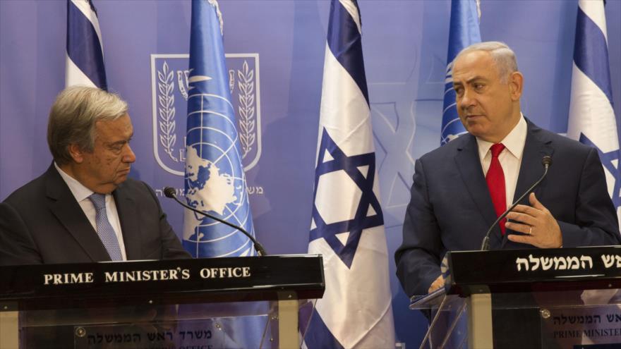 El premier israelí, Benyamin Netanyahu, en una rueda de prensa con el jefe de la ONU, Antonio Guterres en Al-Quds (Jerusalén), 28 de agosto de 2017.