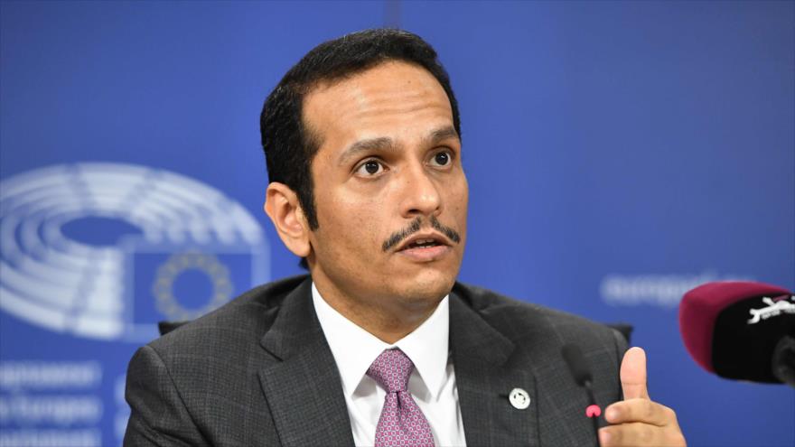 El ministro catarí de Asuntos Exteriores, Mohamad bin Abdulrahman Al Thani, pronuncia un discurso en el Parlamento Europeo, 31 de agosto de 2017.