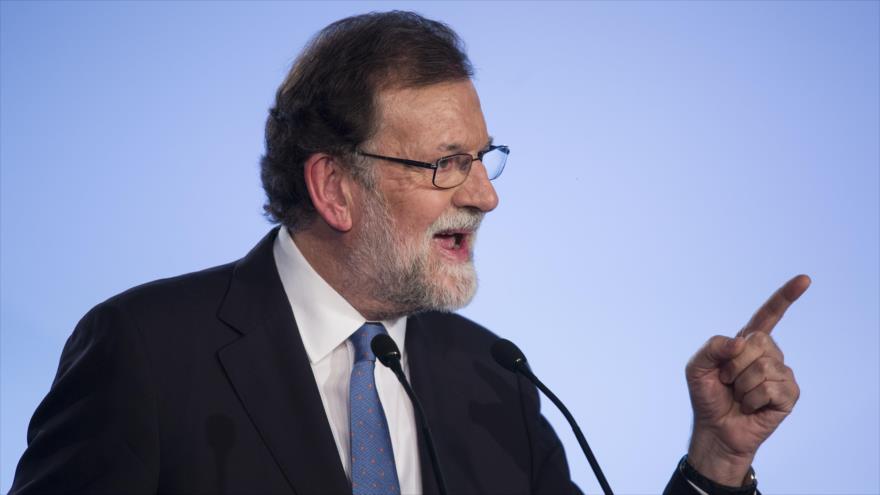 El presidente del Gobierno español, Mariano Rajoy, pronuncia un discurso ante el Partido Popular (PP) de Cataluña, en Barcelona, 15 de septiembre de 2017.