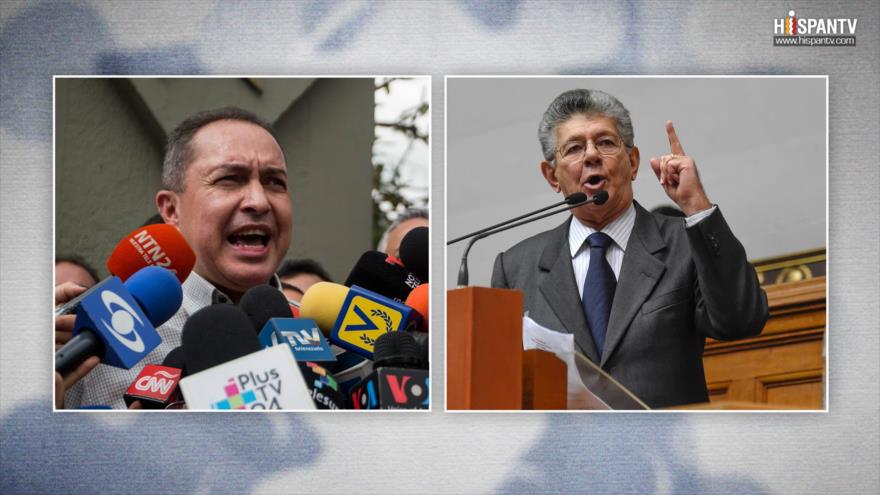 Henry Ramos Allup (dcha.) diputado opositor de Acción Democrática defiende asistir a las elecciones, pero Richard Blanco (izda.) lo rechaza.