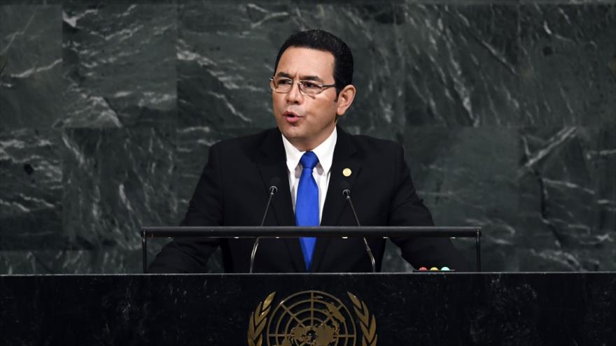 El presidente de Guatemala, Jimmy Morales, da un discurso ante la Asamblea General de Naciones Unidas (AGNU), 19 de septiembre de 2017.
