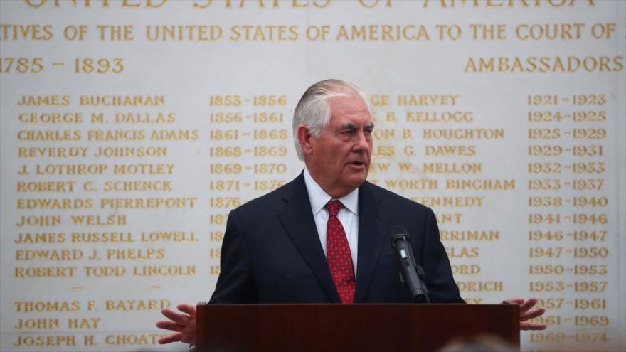 El secretario de Estado de Estados Unidos, Rex Tillerson, habla en la embajada estadounidense en Londres (capital británica), 14 de septiembre de 2017.