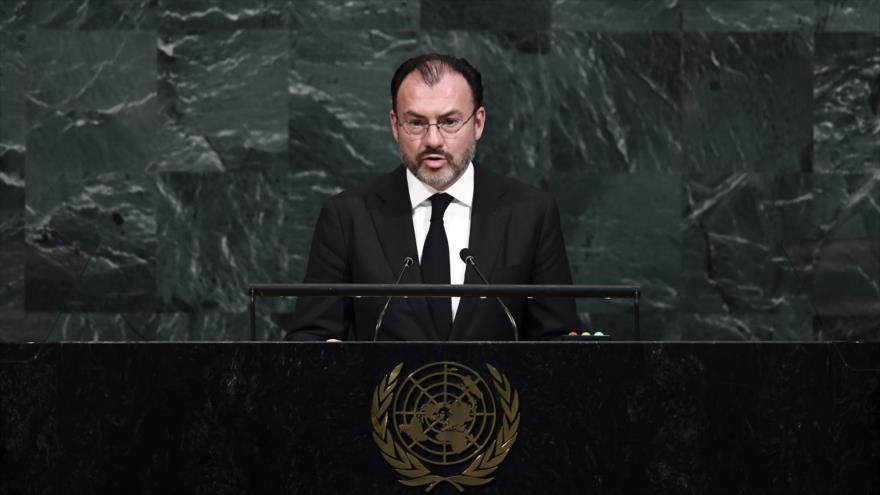 El canciller mexicano, Luis Videgaray, habla en la 72ª sesión de la Asamblea General de la ONU en Nueva York, (EE.UU.), 21 de septiembre de 2017.