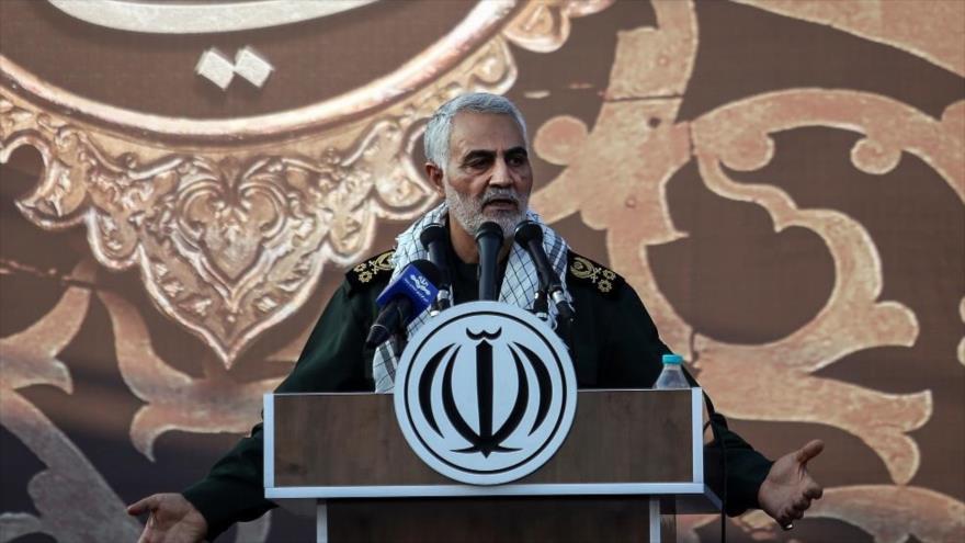 General Qasem Soleimani, comandante de las Fuerzas de Quds del CGRI de Irán, habla en un acto público, 21 de septiembre de 2017.