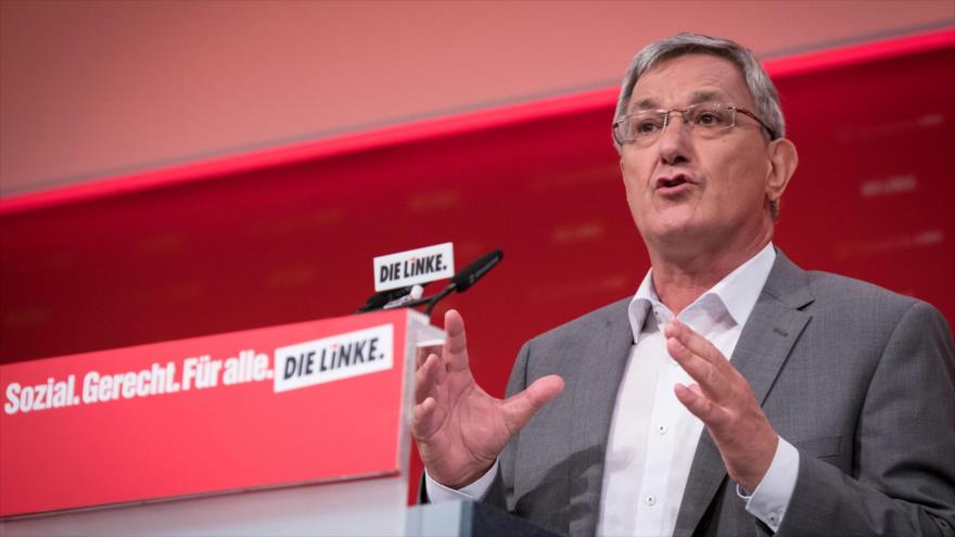 El presidente del partido alemán Die Linke (La Izquierda), Bernd Riexinger, habla en un evento de su partido.