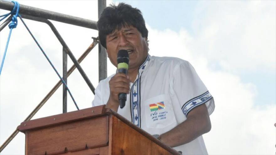 El presidente de Bolivia, Evo Morales, ofrece un discurso en Vallegrande, Santa Cruz, 8 de octubre de 2017.