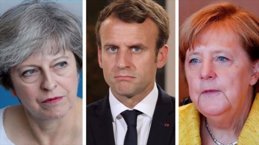 De izd. a dcha.: la primera ministra británica, Theresa May, el presidente francés, Emmanuel Macron, y la canciller alemana, Angela Merkel.