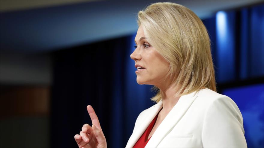 La portavoz del Departamento de Estado estadounidense, Heather Nauert, en conferencia de prensa en la Casa Blanca, Washington.