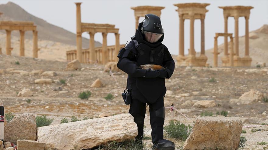 Un zapador ruso en las afueras de la ciudad de Palmira, en el centro de Siria, tras su liberación.