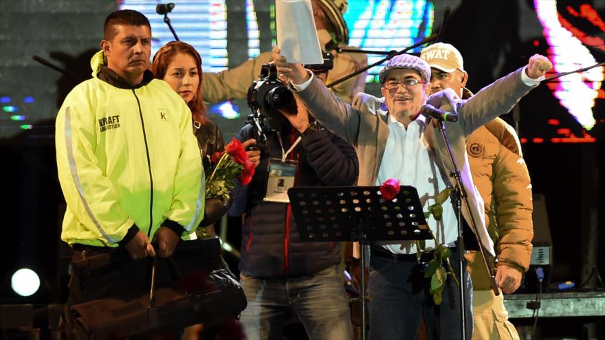 El líder de la FARC, Rodrigo Londoño Echeverri, alias “Timochenko” durante el cierre de su Congreso Nacional en Bogotá, 1 de septiembre de 2017.