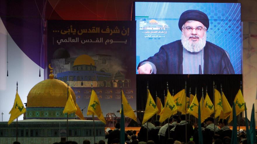 El secretario general del Movimiento de Resistencia Islámica de El Líbano (Hezbolá), Seyed Hasan Nasrolá, habla en el Día Mundial de Al-Quds.