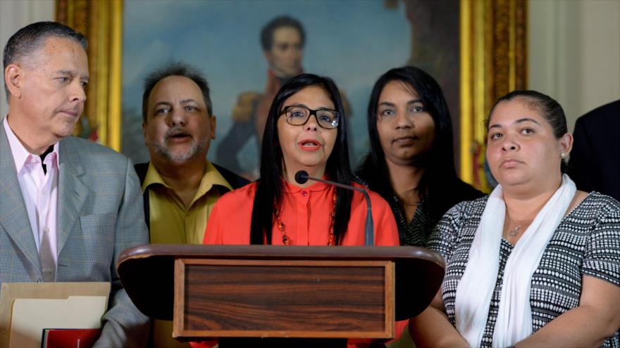 La presidenta de la Asamblea Nacional Constituyente (ANC), Delcy Rodríguez, durante una rueda de prensa en Caracas, 19 de agosto de 2017.