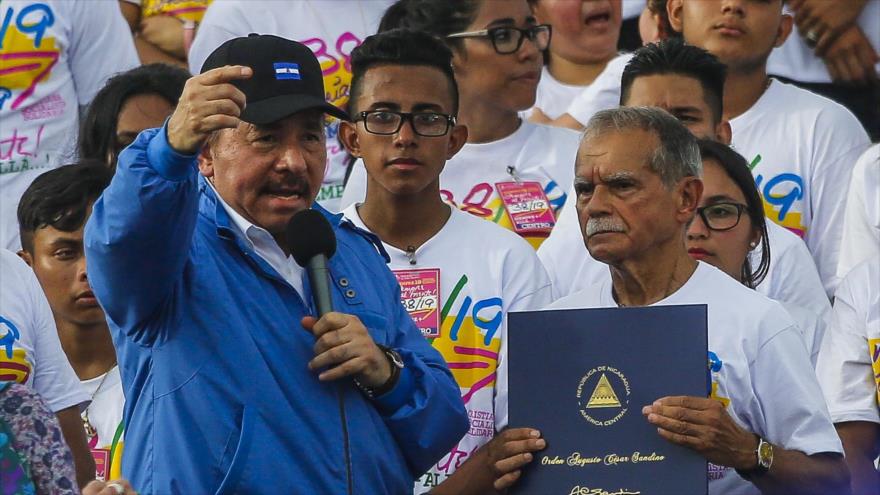 El presidente de Nicaragua, Daniel Ortega, ofrece un discurso en el 38º aniversario de la Revolución Popular Sandinista, Managua, 19 de julio de 2017.