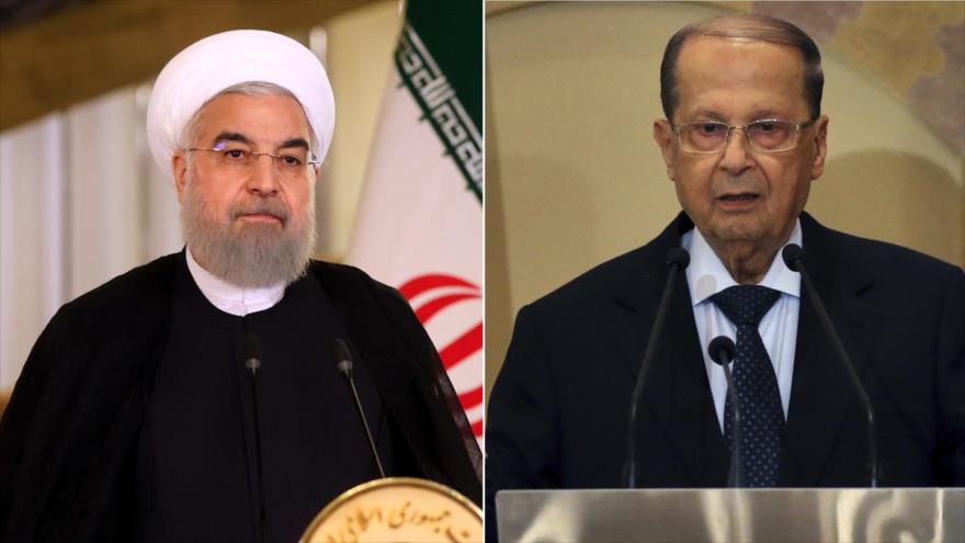 El presidente de Irán, Hasan Rohani (izqda.), y su homólogo libanés, Michel Aoun.