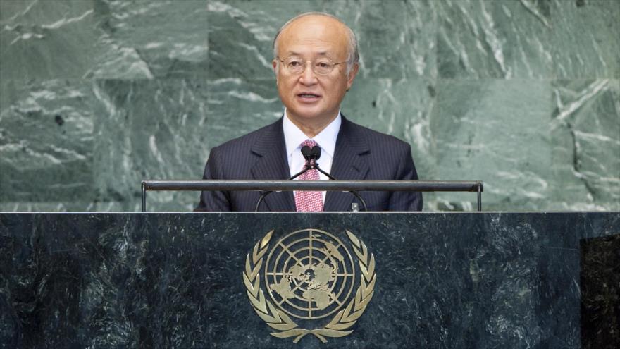 El director general de la Agencia Internacional de Energía Atómica (AIEA), Yukiya Amano, habla en la Asamblea General de la ONU.
