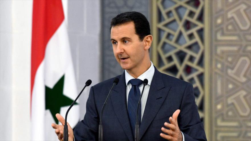 El presidente sirio, Bashar al-Asad, dando un discurso ante los miembros del cuerpo diplomático de Siria en Damasco, 20 de agosto de 2017.