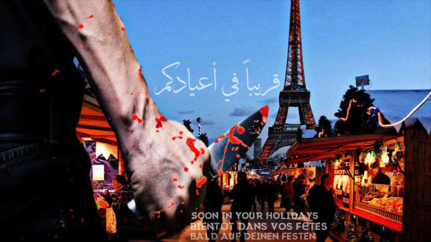 Un cartel de lugares emblemáticos como la Torre Eiffel, en Francia, durante la Navidad, con imágenes terroristas, incluida una mano que sostiene un cuchillo.